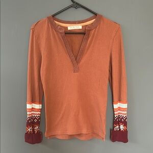 Women's Rust Top with Patterned Sleeves Free People We the Free Medium